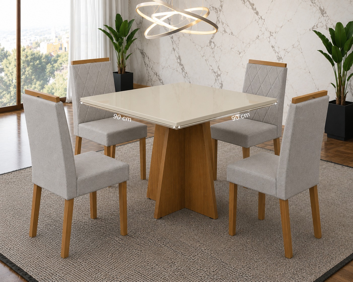 SALA DE JANTAR 90X90 COM 4 CADEIRAS ESTOFADAS